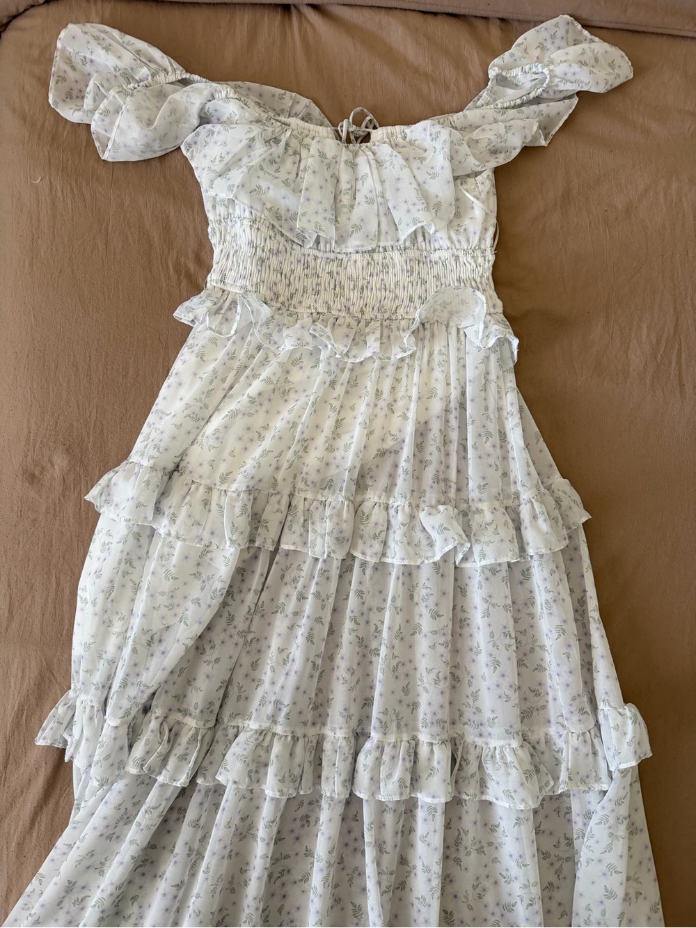 Off-Shoulder White Tiered Floral Ruffle Maxi Dress - Picture 5 of 9